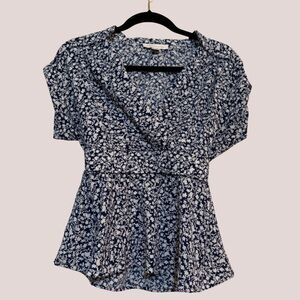 Monteau • Navy and White Floral Faux Wrap Peplum Blouse • Sz Medium